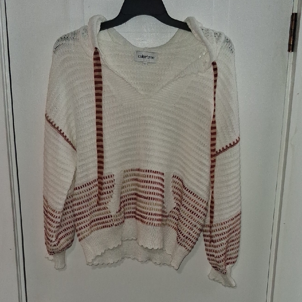 Colortree Cream and Brown V-Neck Sweater